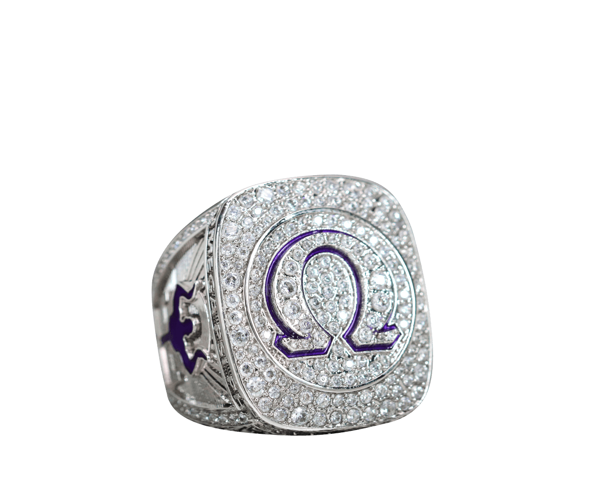 Omega Psi Phi Fraternity Ring (ΩΨΦ) - Shine Series, Silver - no background, diagonal view