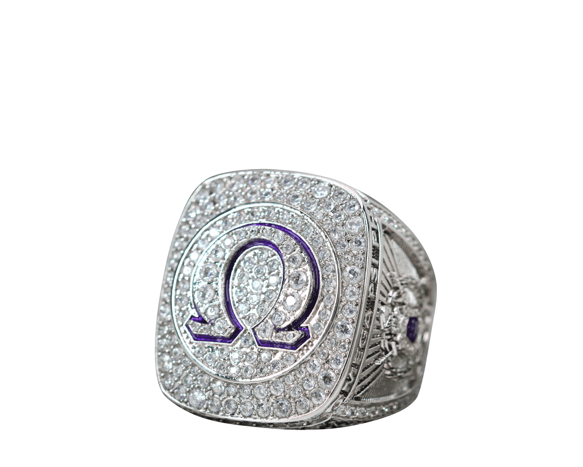 Omega Psi Phi Fraternity Ring (ΩΨΦ) - Shine Series, Silver - no background, diagonal view