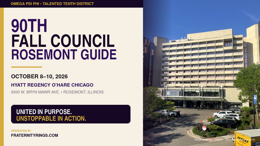 Omega Psi Phi 2026 Tenth District Fall Council guide beside the Hyatt Regency O’Hare in Rosemont