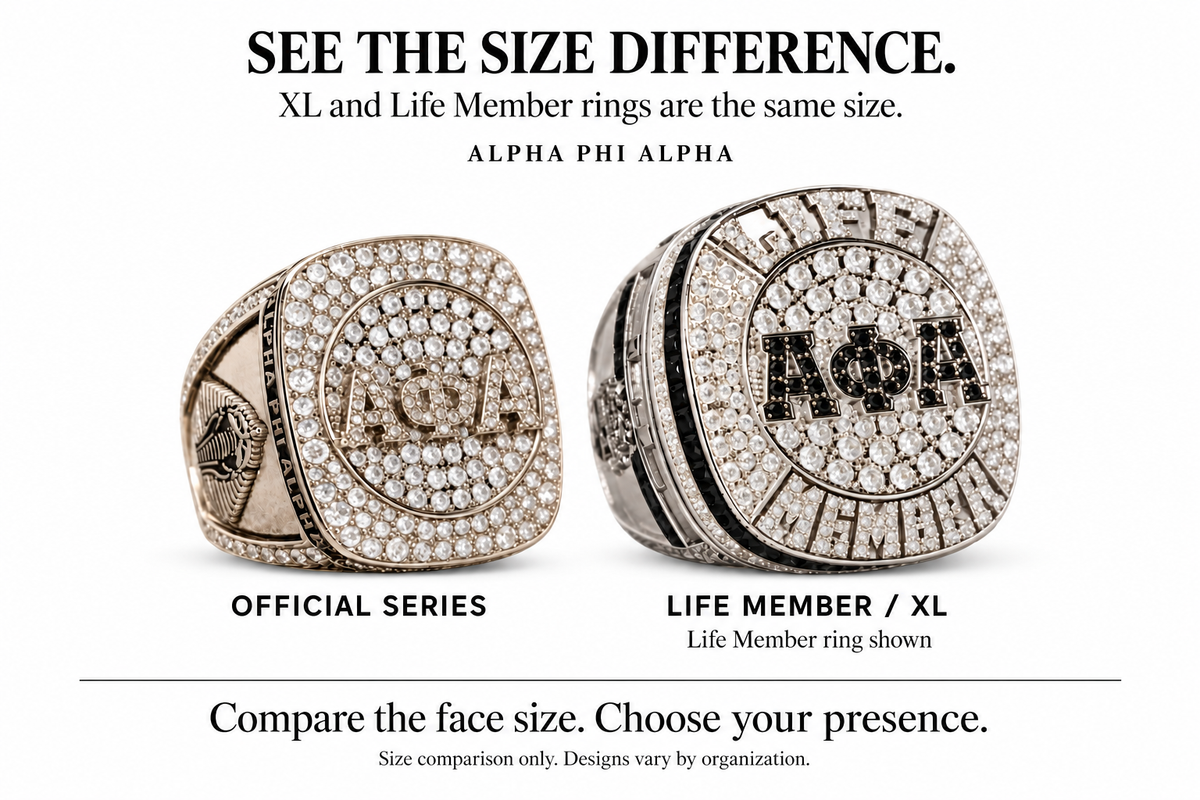 Alpha Phi Alpha standard Official Ring compared with the larger XL and Life Member ring