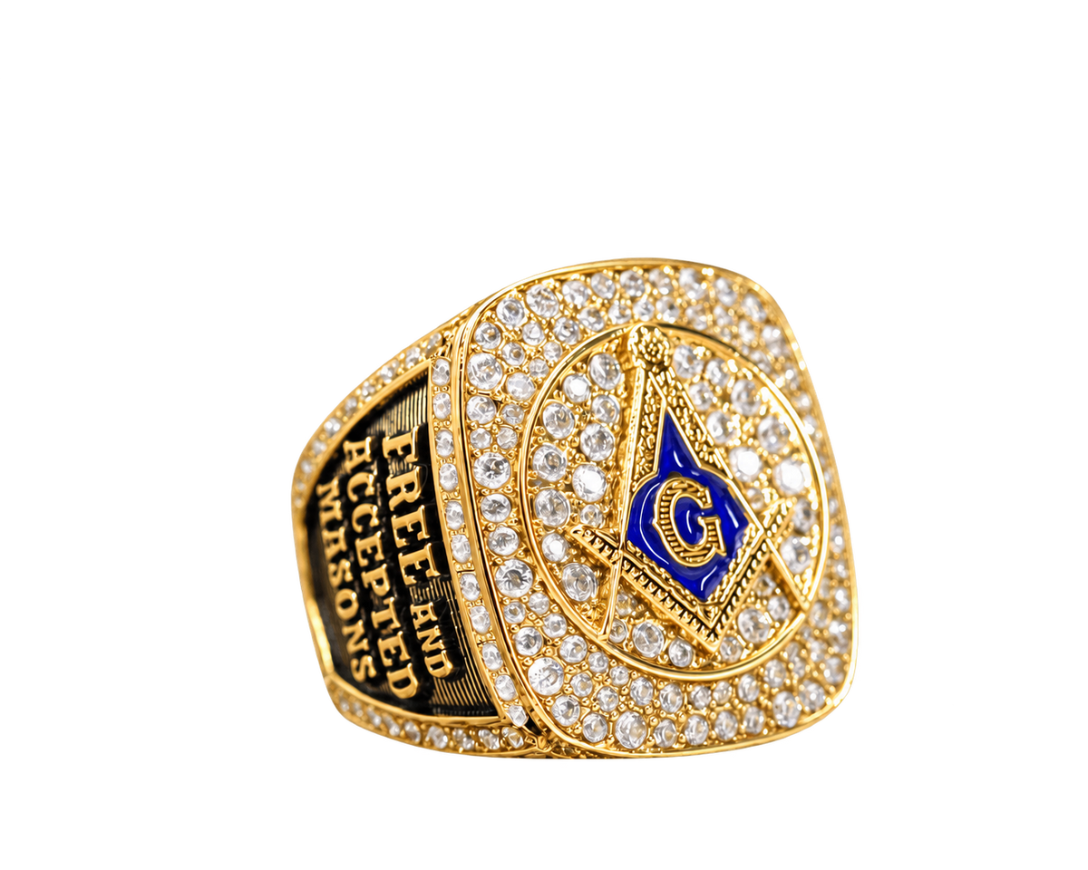 Gold-plated Blue Lodge ring — F&AM three-quarter view