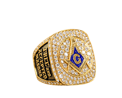 Gold-plated Blue Lodge ring — F&AM three-quarter view