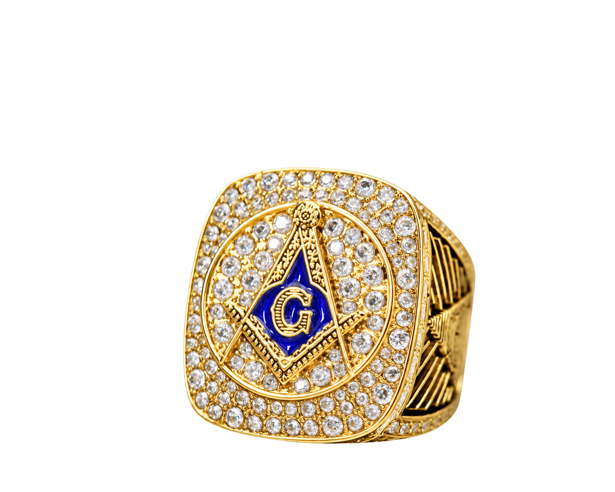 Gold-plated Blue Lodge ring — F&AM opposite three-quarter view