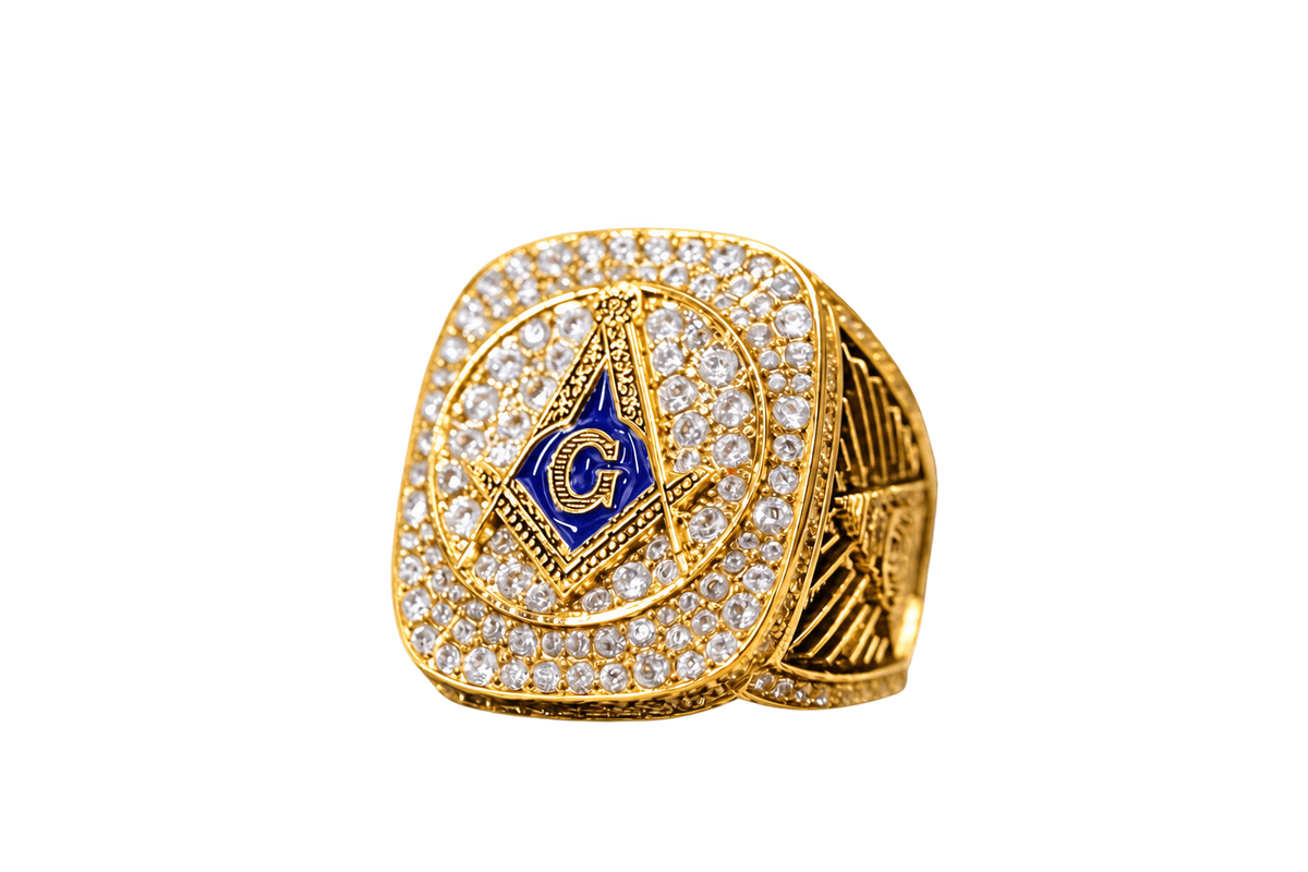 Gold-plated Blue Lodge ring — AF&AM opposite three-quarter view