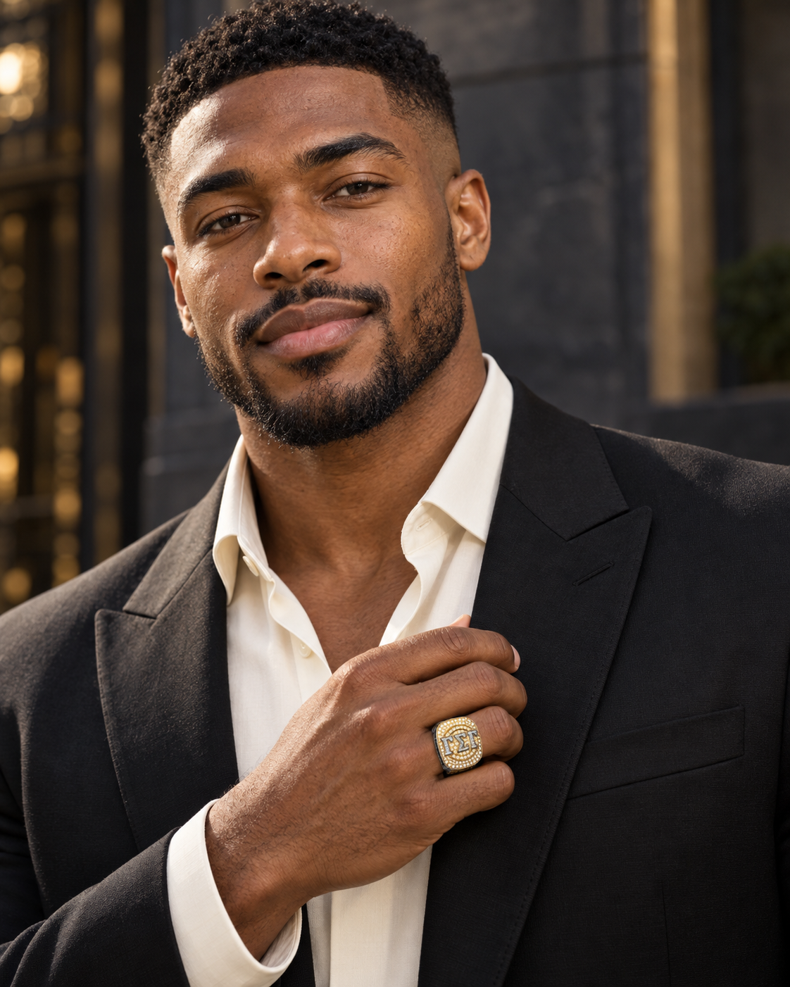 Young Black man wearing the dual-tone Gamma Sigma Gamma Official Series ring