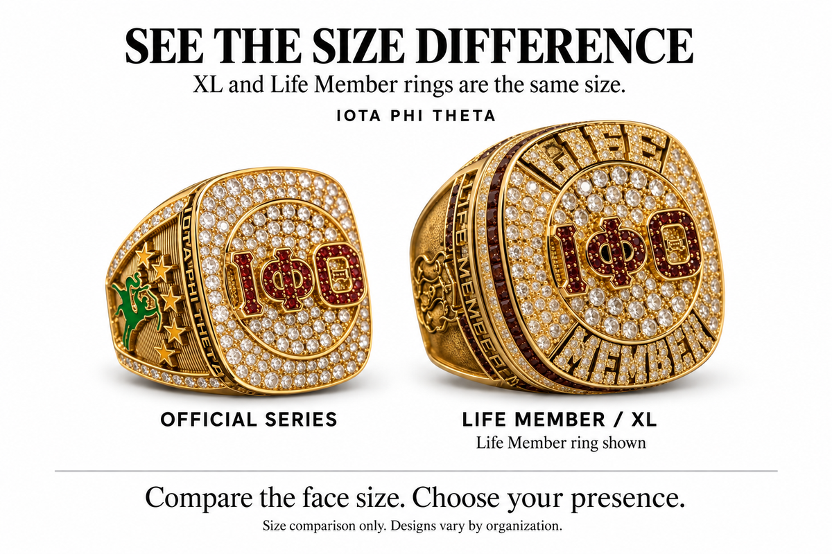 Iota Phi Theta standard Official Ring compared with the larger XL and Life Member ring