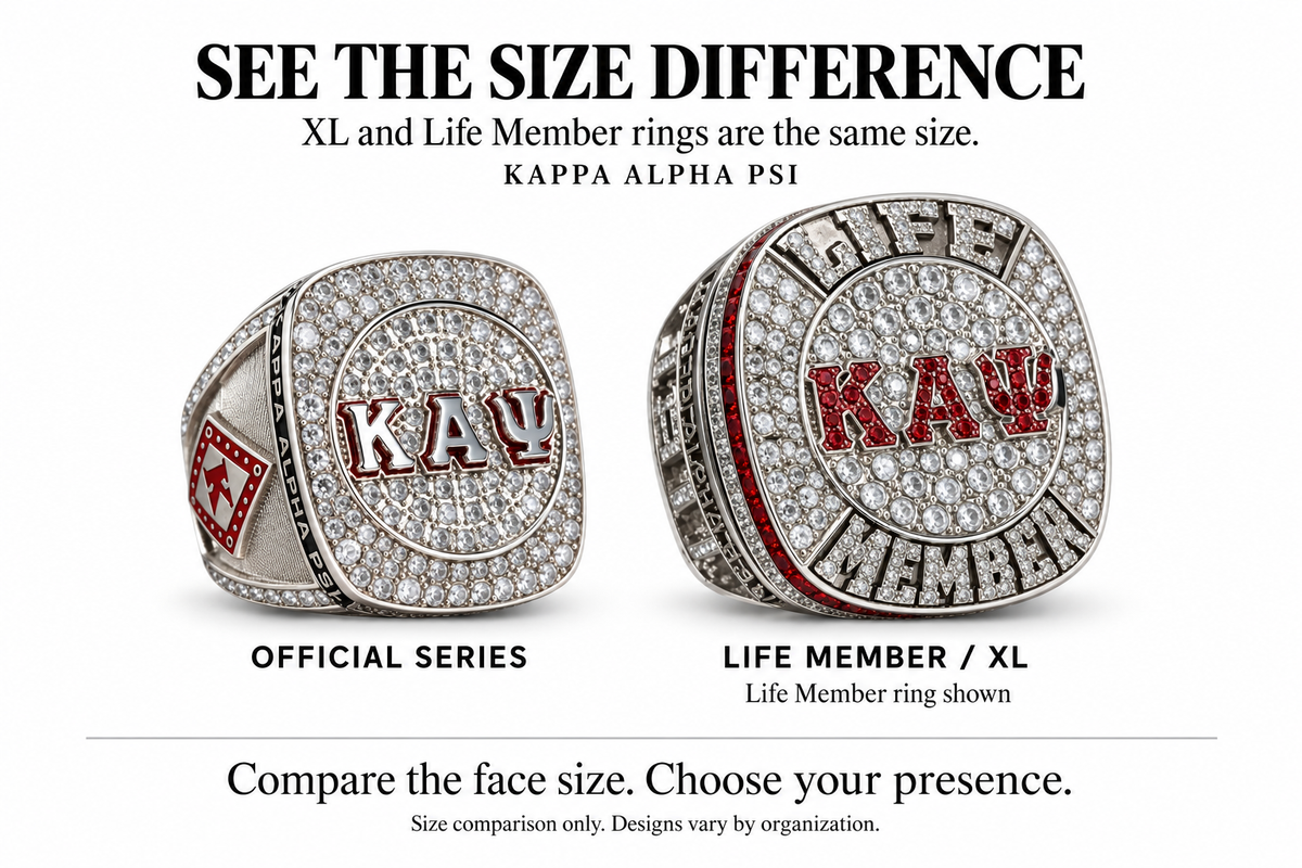 Kappa Alpha Psi standard Official Ring compared with the larger XL and Life Member ring