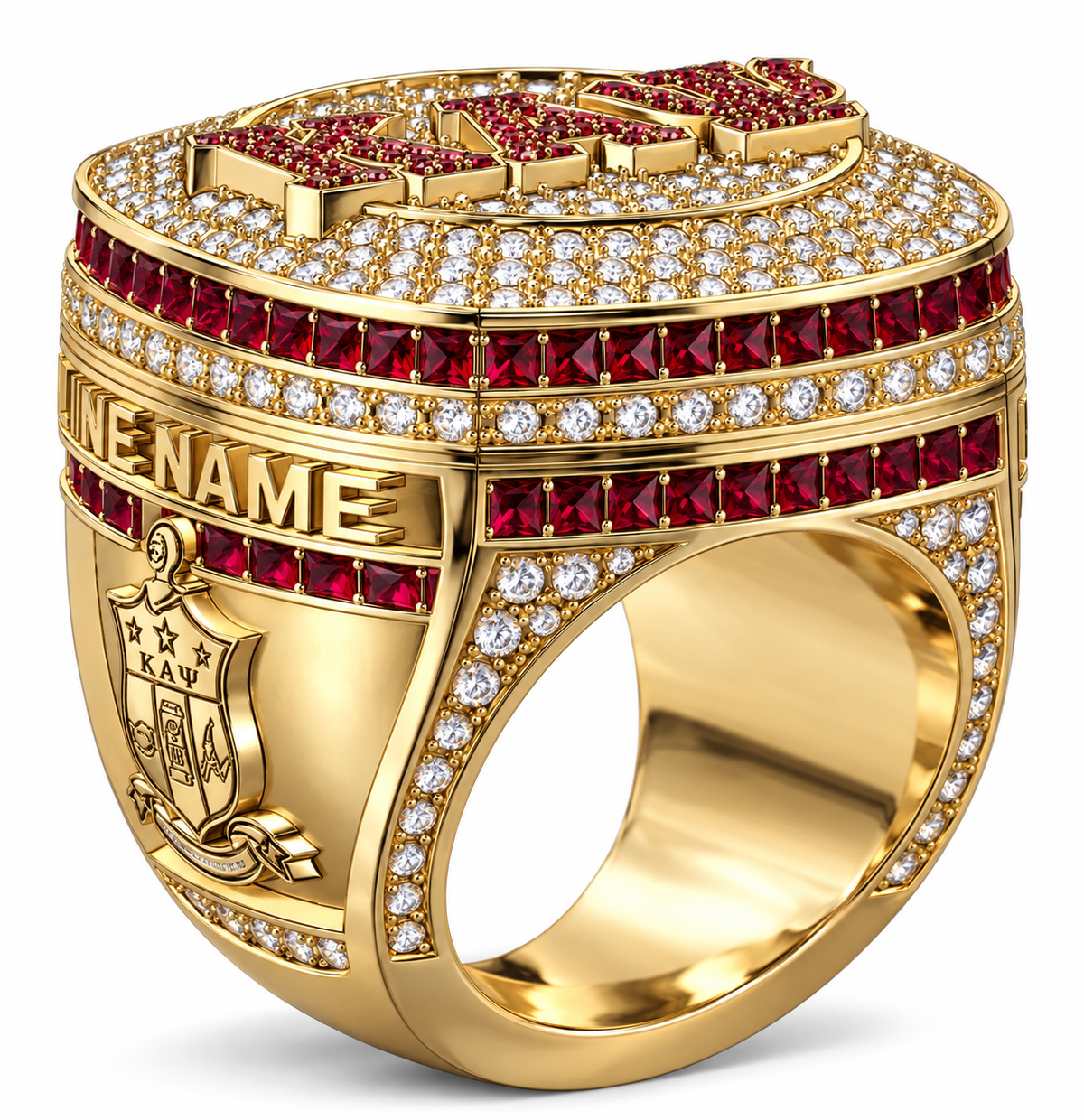 Kappa Alpha Psi XL Official Ring in yellow gold, three-quarter view