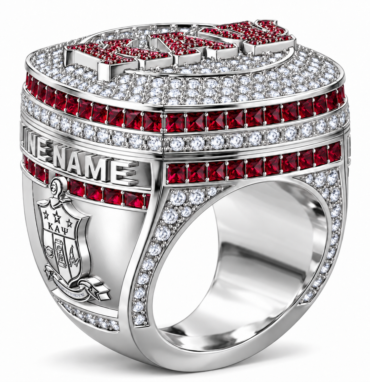 Kappa Alpha Psi XL Official Ring in white metal, three-quarter view