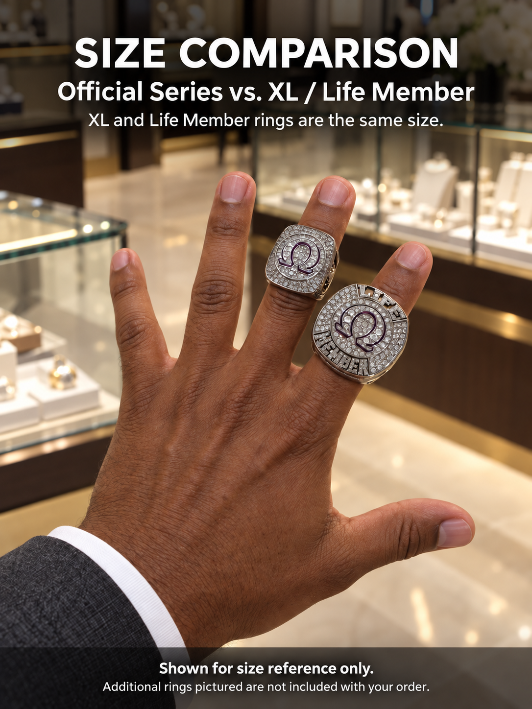 Size comparison: Official Series vs. XL / Life Member. XL and Life Member rings are the same size. Shown for size reference only; additional rings pictured are not included with your order.