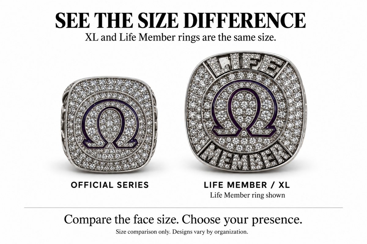 Omega Psi Phi standard Official Ring compared with the larger XL and Life Member ring