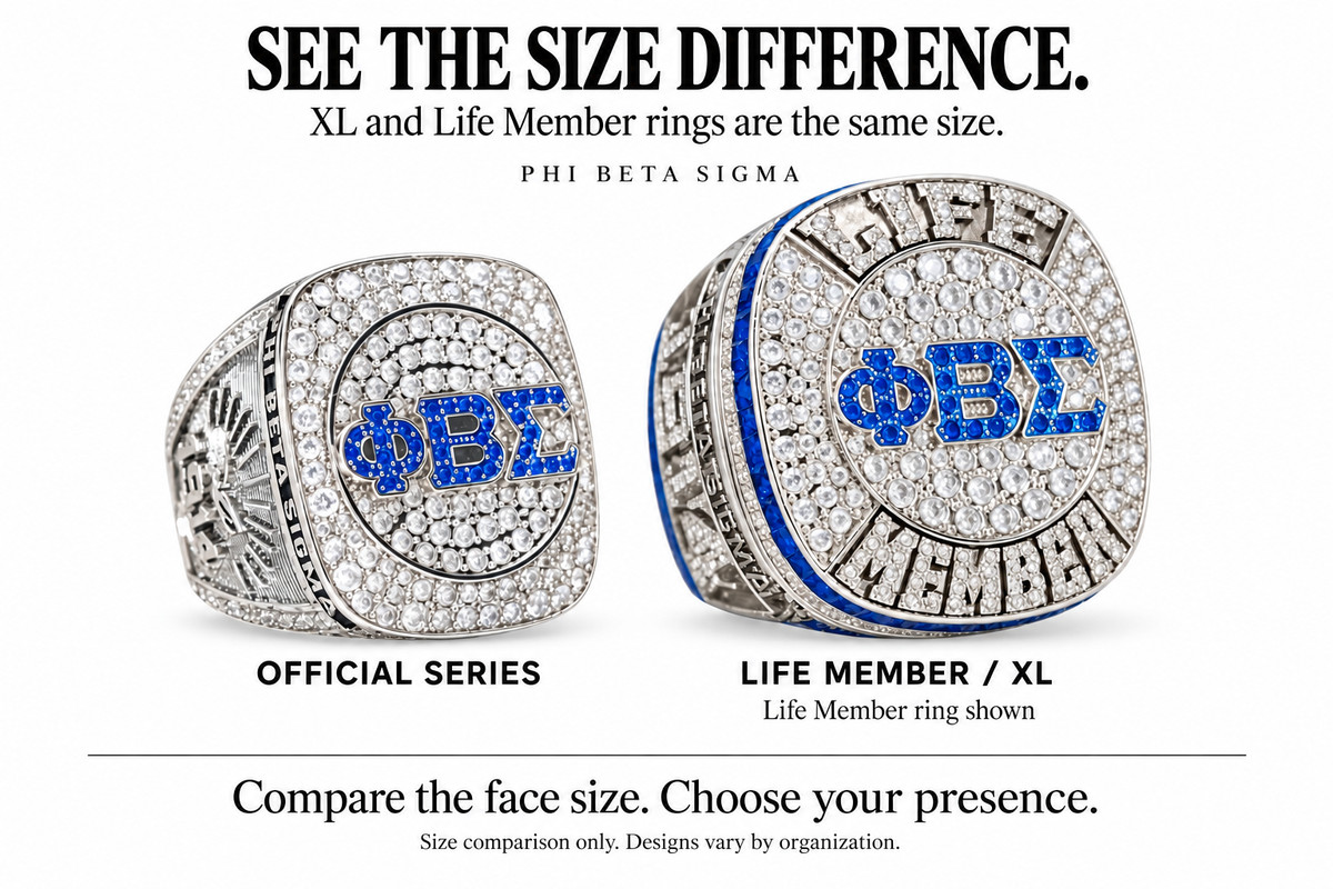 Phi Beta Sigma standard Official Ring compared with the larger XL and Life Member ring