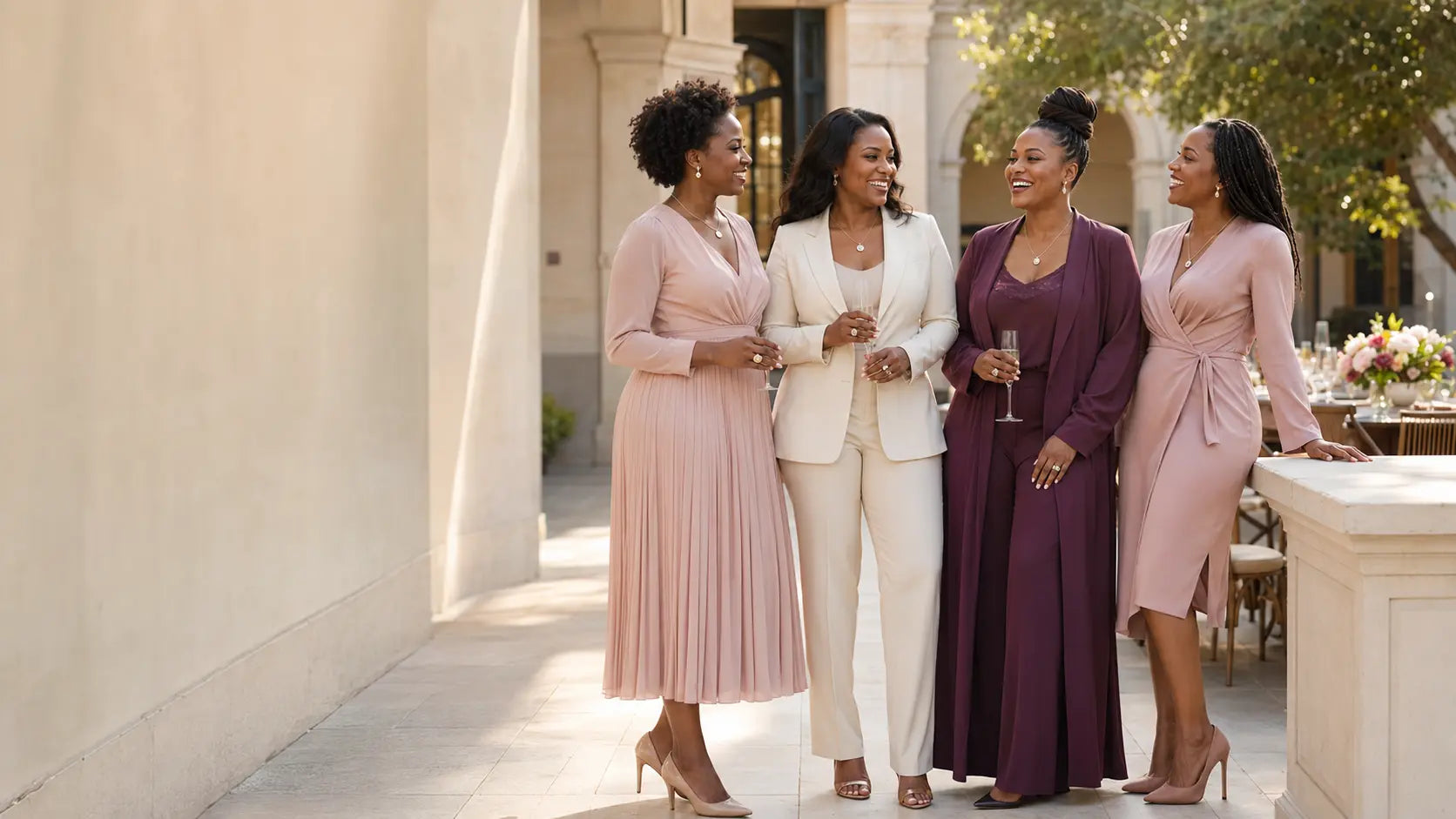 Four women celebrating together in elegant jewelry